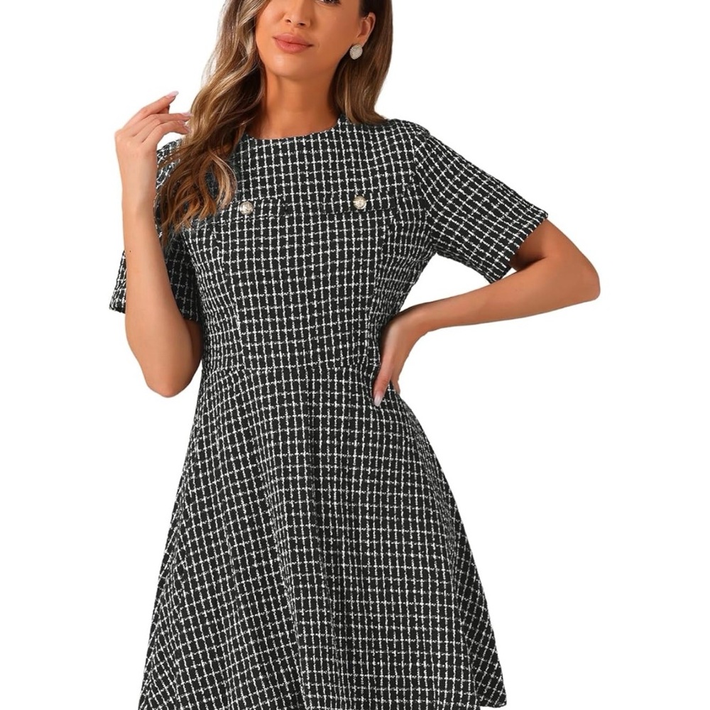 Chic Black and White Patterned Mini Dress, XS